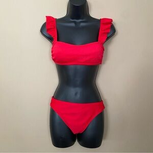 Solid Red Textured Ruffle Strap Bikini